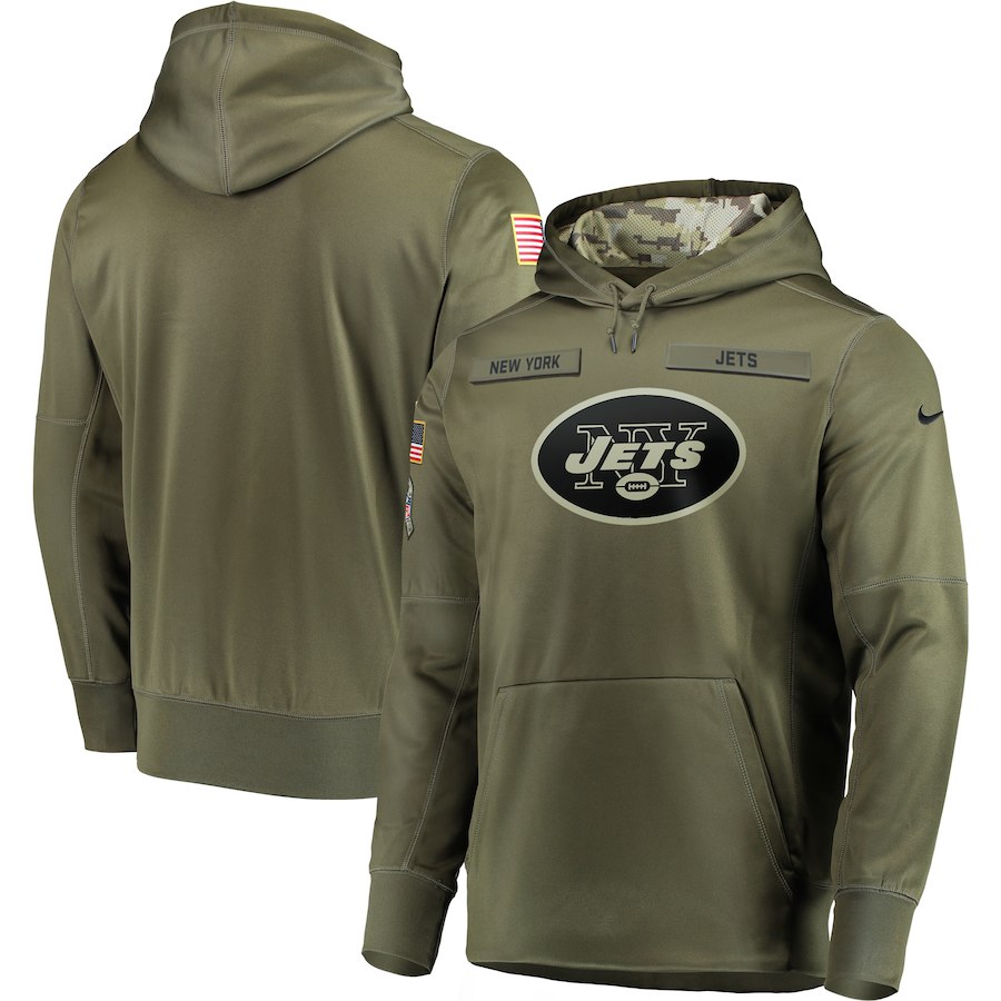 Men's New York Jets 2018 Olive Salute to Service Sideline Therma Performance Pullover Stitched Hoodie Men's New York Jets 2018 Olive Salute to Service Sideline Therma Performance Pullover Stitched Hoodie